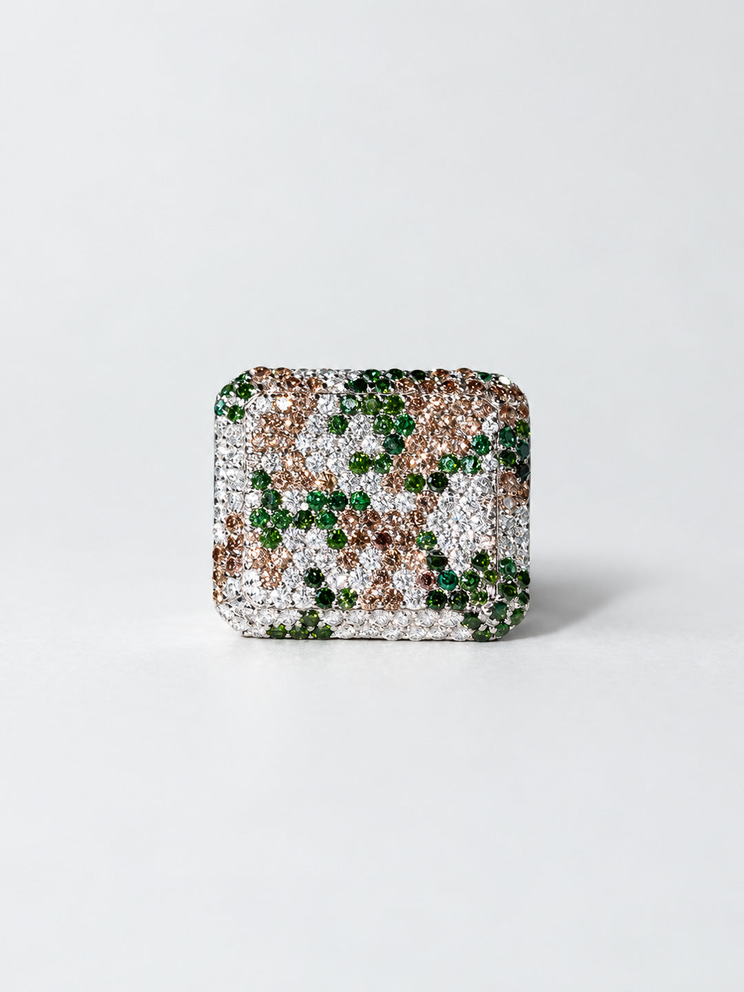 Signature Illoom camo signet ring in 18k gold with pavé green, white and brown diamond camouflage pattern, by Illoom Sydney