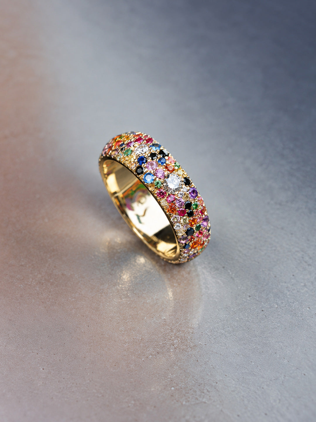 Confetti ring in 18k yellow gold, hand-set with natural coloured gemstones and diamonds, by Illoom Sydney