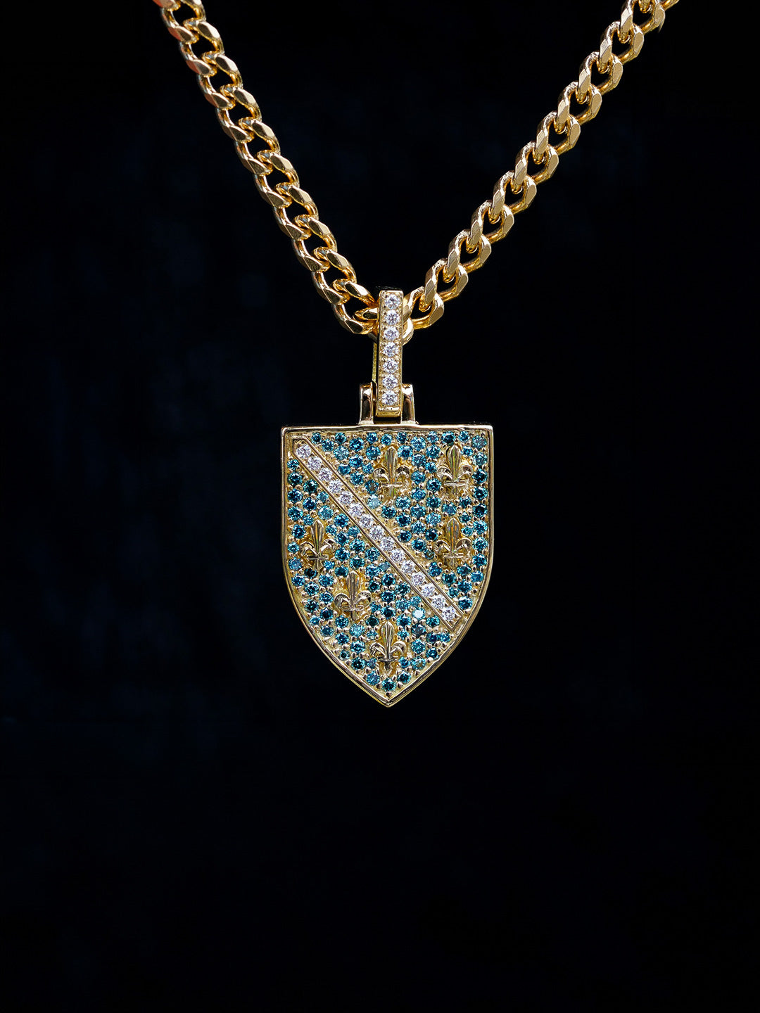 Custom Bosnian crest pendant in 18k yellow gold with blue and white pavé diamonds, bespoke by Illoom Sydney