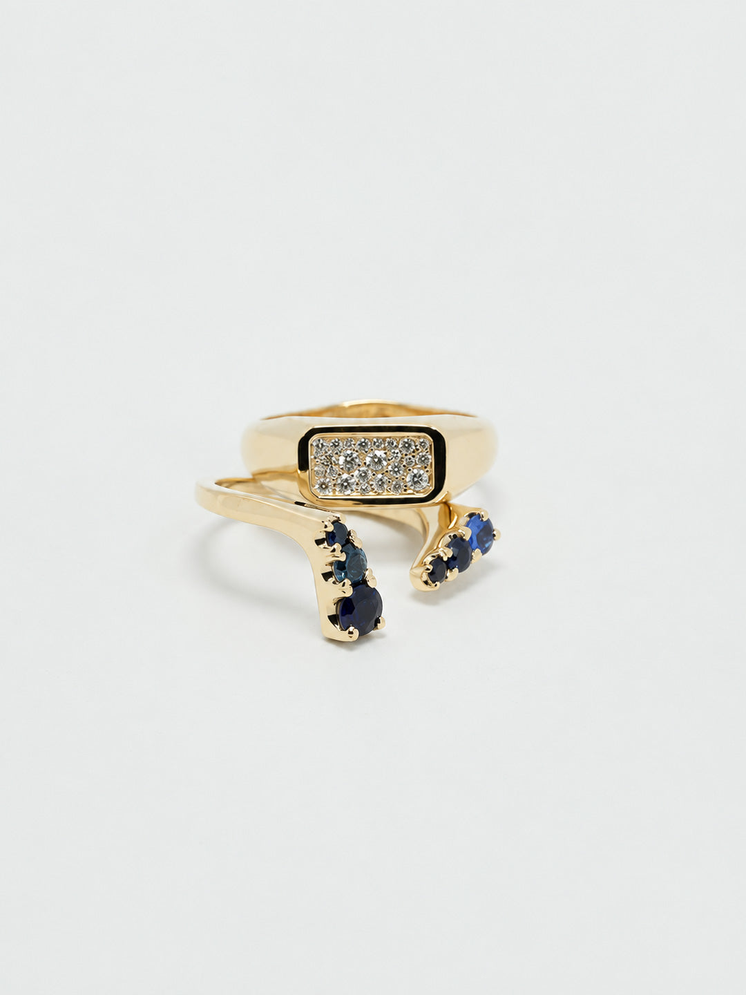 Custom engagement and wedding ring set in yellow gold with pavé diamond signet, sapphire band, inside engraved, by Illoom Sydney