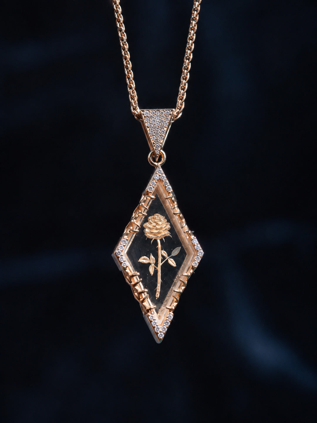 Custom glass-engraved intaglio pendant with rose motif in gold with diamonds, bespoke by Illoom Sydney