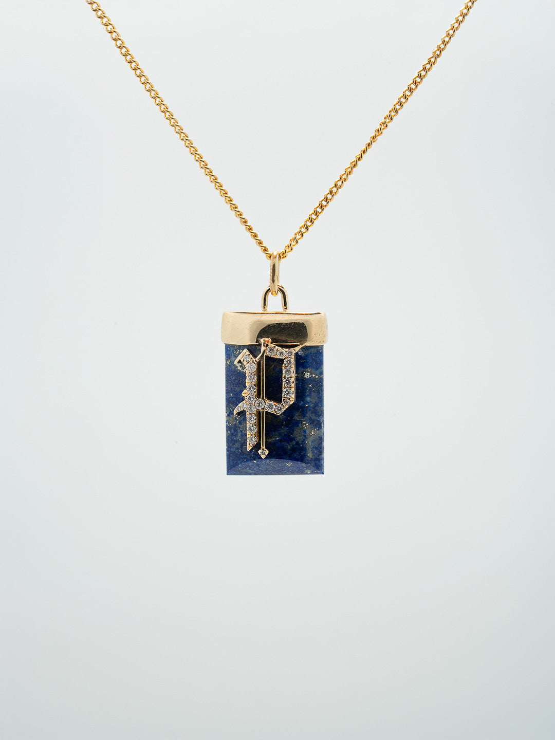 Custom initial P pendant in gold with lapis lazuli and diamond detail, bespoke by Illoom Sydney