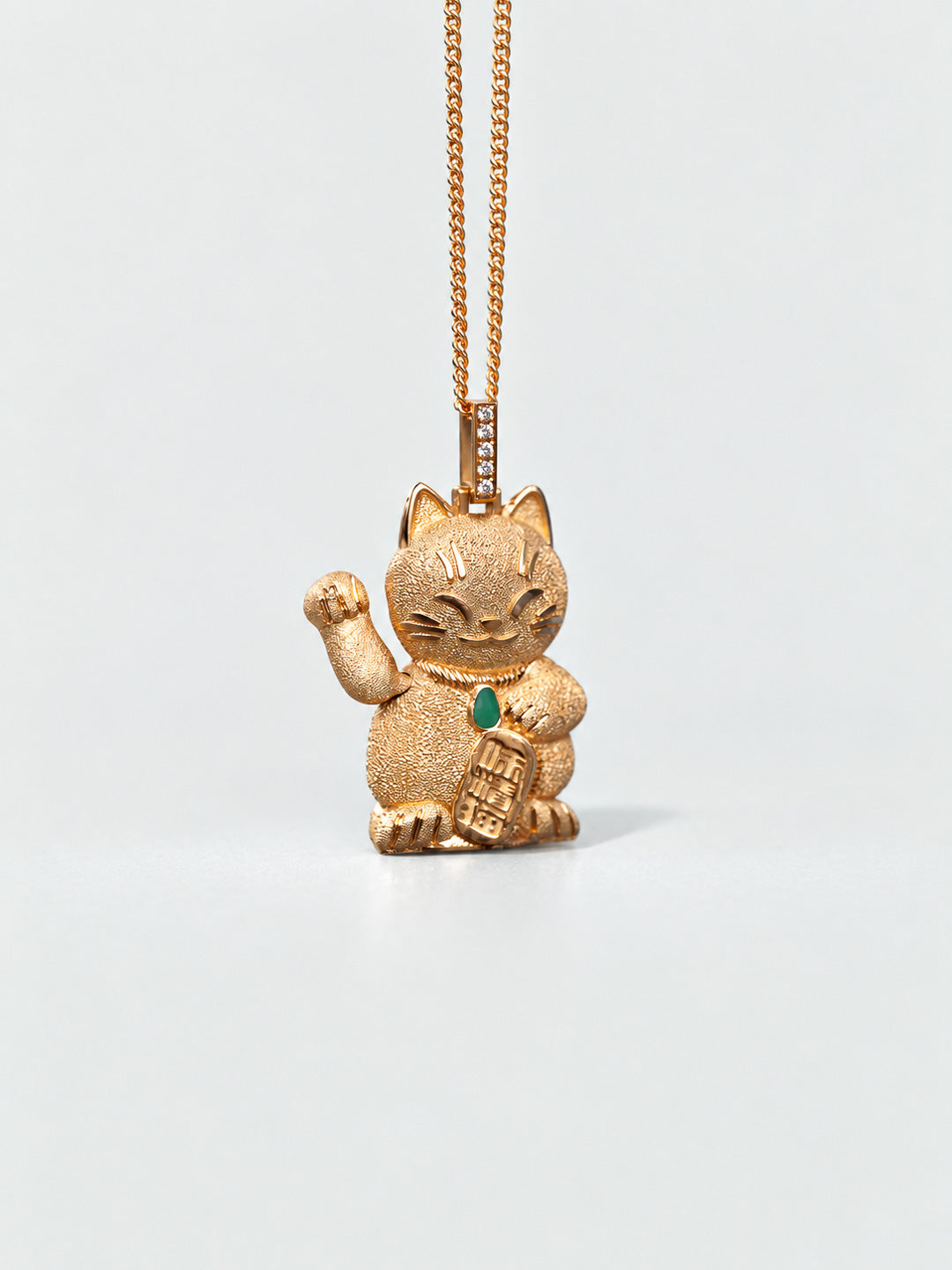 Custom Chinese lucky cat pendant in 18k gold with jade and mechanical moving arm, bespoke by Illoom Sydney