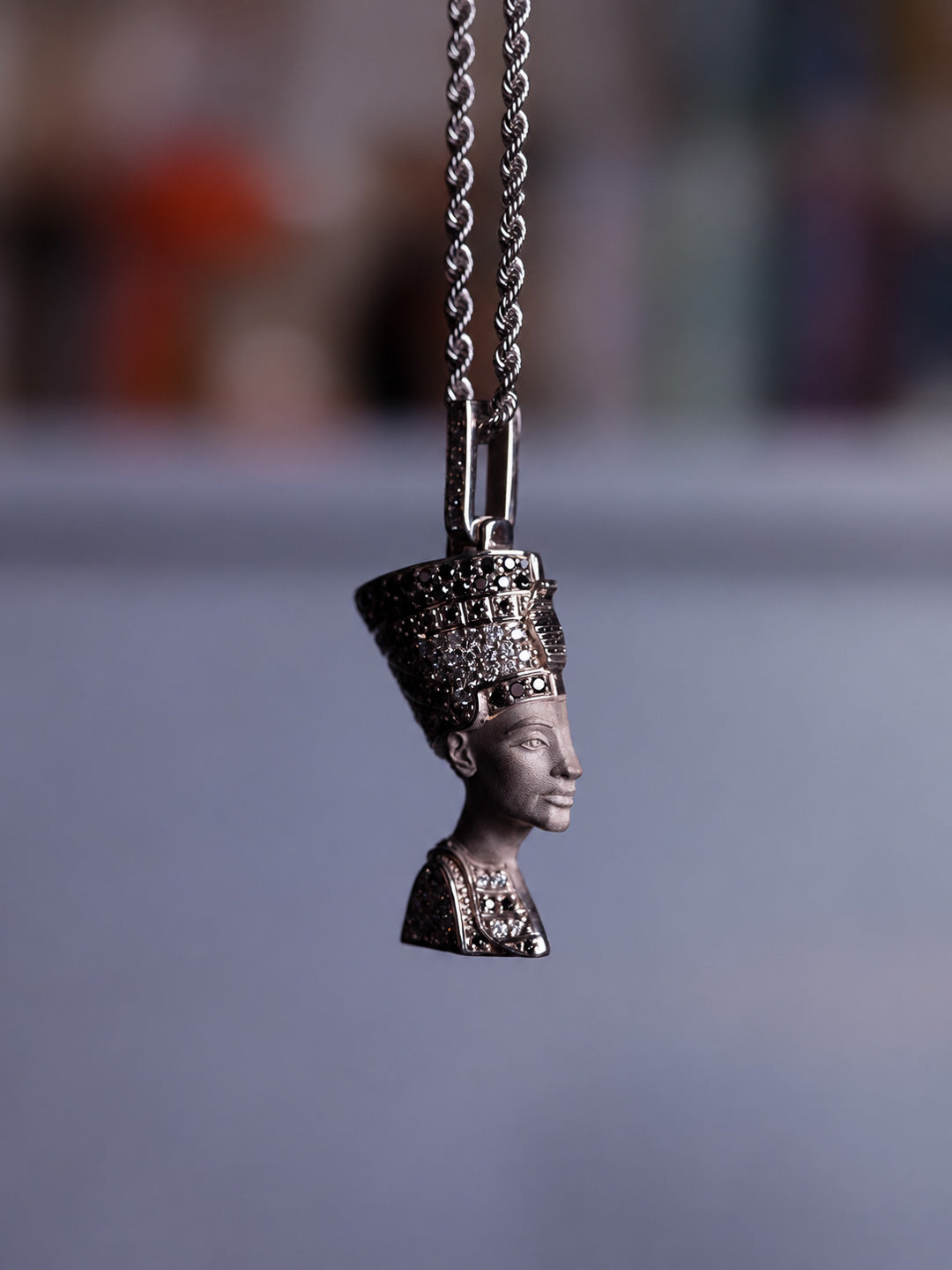 Custom Nefertiti Egyptian pendant in white gold with black diamonds and sandblast finish, bespoke by Illoom Sydney