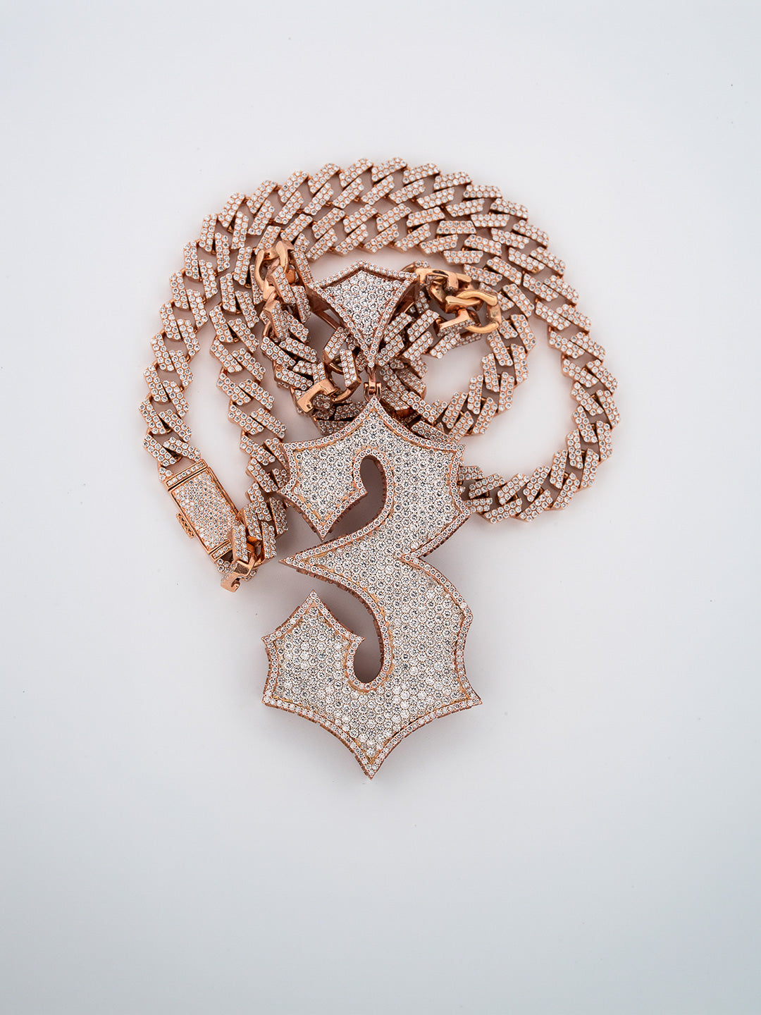 Custom iced-out number 3 pendant in rose gold with pavé diamonds, bespoke by Illoom Sydney