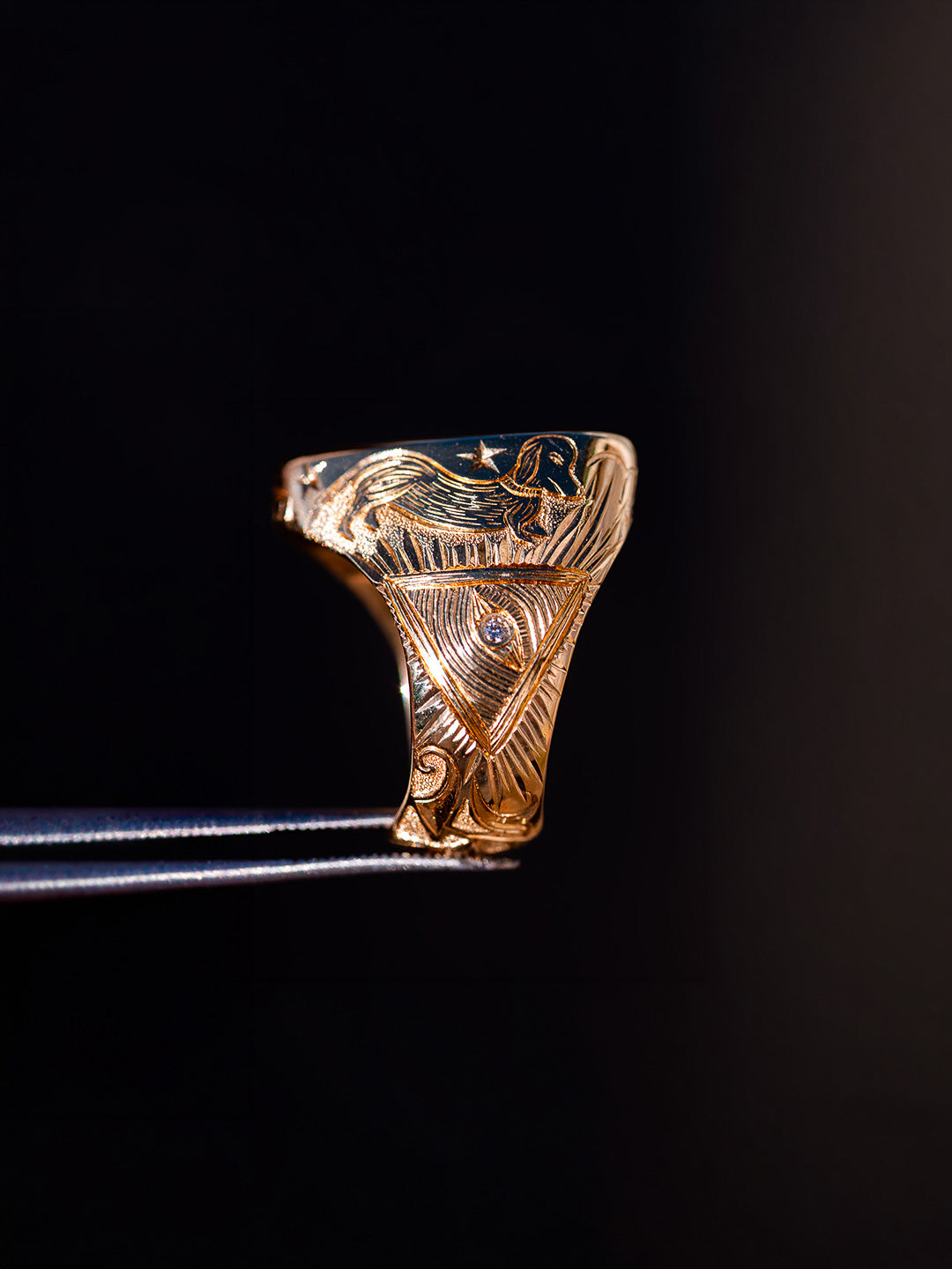 Custom hand-engraved Eye of Providence signet ring in rose gold with diamond centre, bespoke by Illoom Sydney