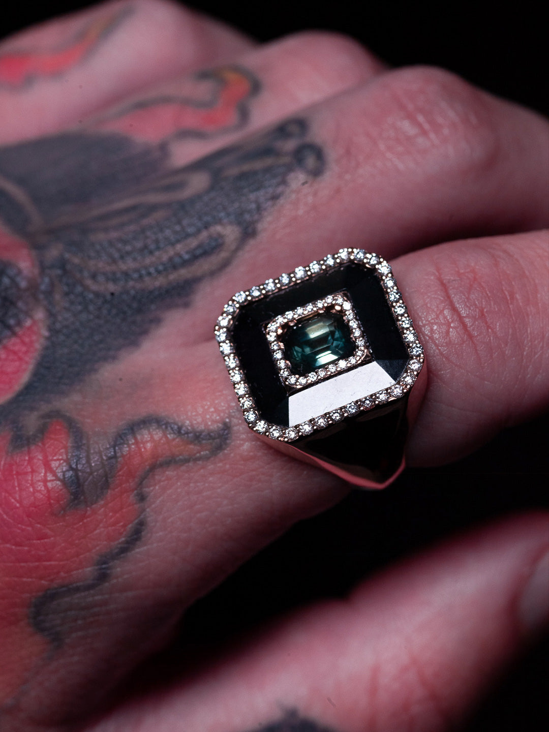 Custom signet ring in rose gold with onyx face, green jade centre and pavé diamond border worn, bespoke by Illoom Sydney