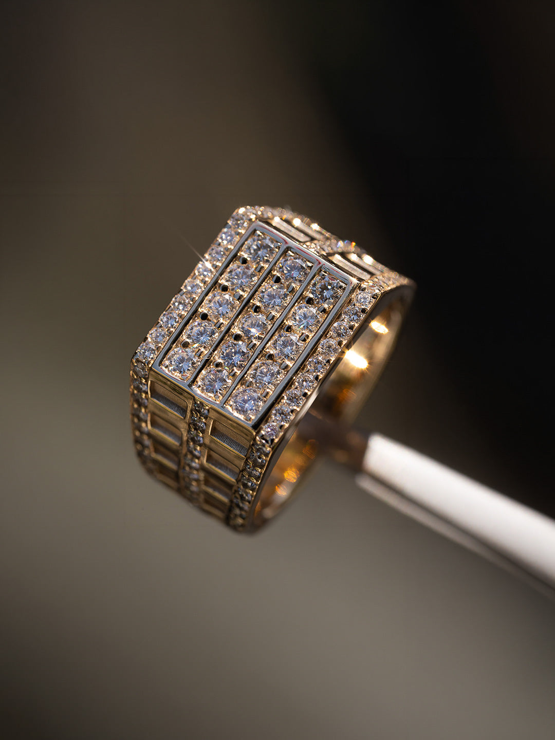 Custom full pavé diamond signet ring in yellow gold with wide band, bespoke by Illoom Sydney