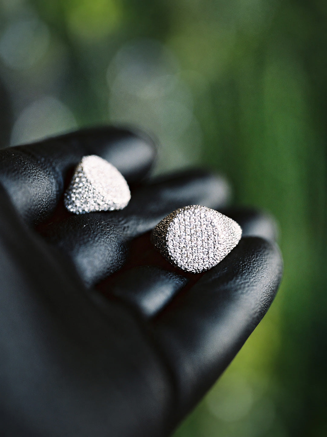 Pair of custom round pavé diamond signet rings in white gold, hand-set by Illoom Sydney