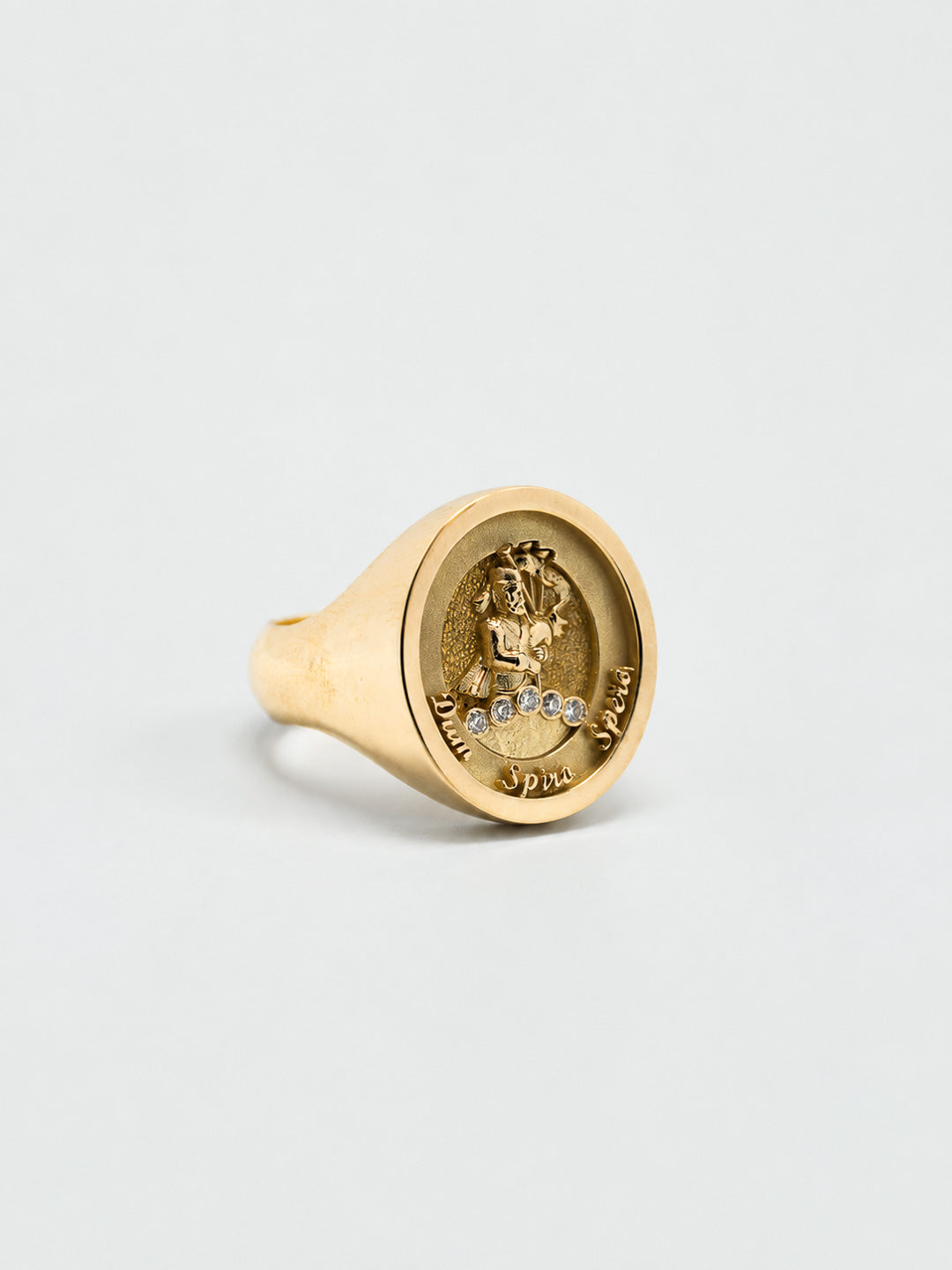 Hand-engraved 9k gold Scottish family crest signet ring with bagpiper and Dum Spiro Spero motto, custom by Illoom Sydney