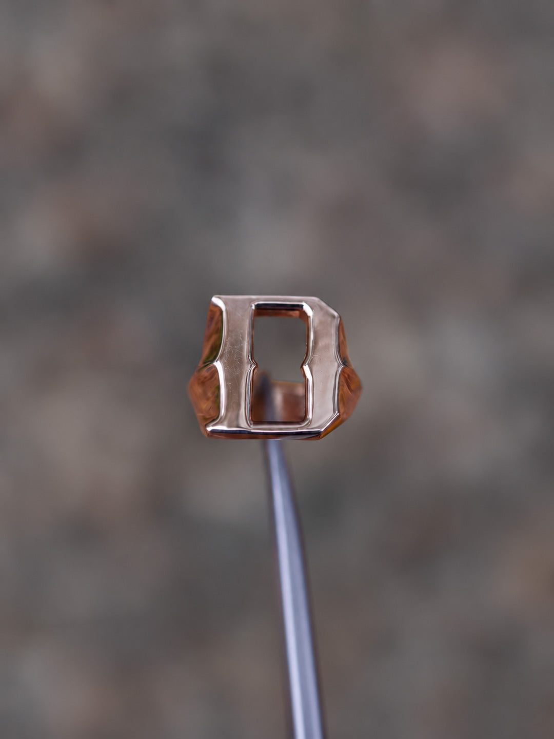 Custom letter-shaped initial ring in rose gold, hand-crafted solid metal letter D, by Illoom Sydney